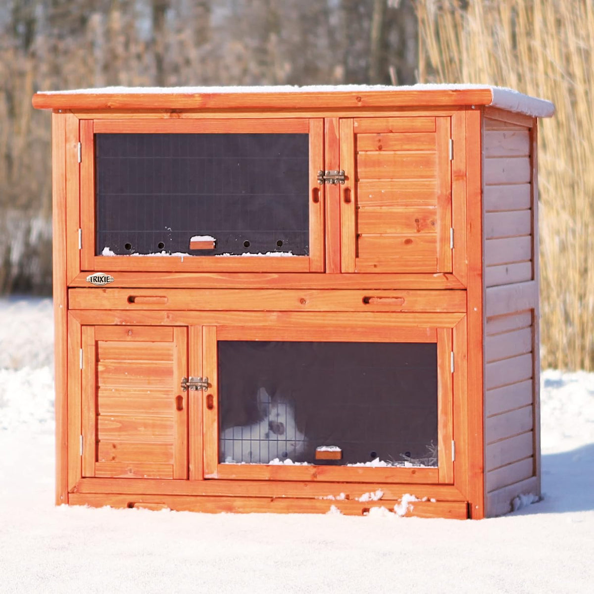 TRIXIE natura Insulated Rabbit Hutch, 2-Story Outdoor Bunny House, Small Animal Hutch with Ramp, Removable Window Panes, Ideal Shelter for Rabbits or Guinea Pigs, Brown