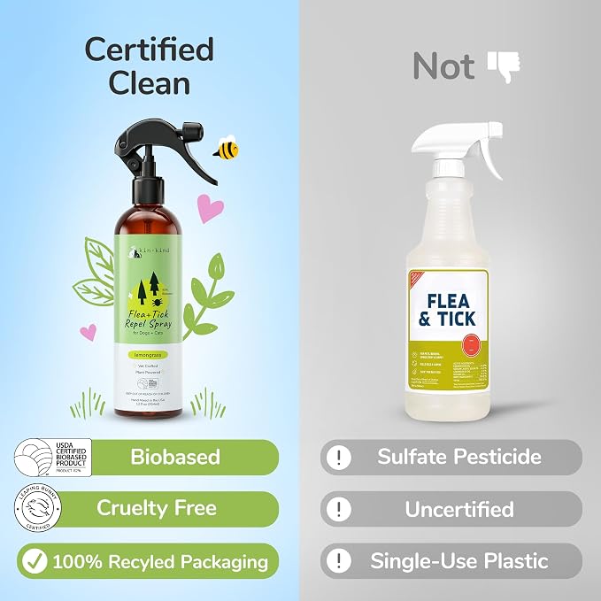 kin+kind Natural Flea and Tick Prevention for Dogs & Cats, Non-Greasy Coat Spray, Lemongrass, Vet-Formulated, 12 fl oz