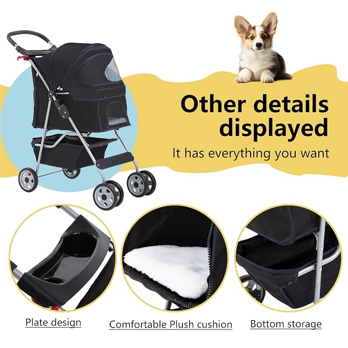 FDW Pet Stroller 4-Wheel Dog Cat Stroller Travel Folding Carrier with Cup Holder and Removable Liner for Small Medium Dogs Cats, Dark Black