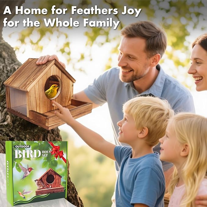 Bird Houses for Outside, Natural Wooden Birdhouse with Viewing Window & Drainage, Weather-Resistant, Tree/Wall Hanging Garden Decor, Gift for Bird Lovers