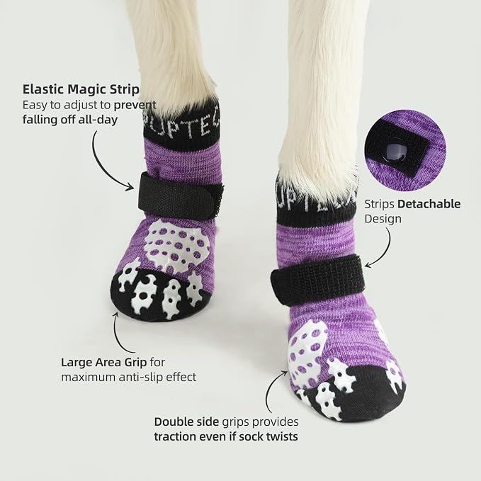 PUPTECK Anti-Slip Dog Socks with Double Sides Grips for Small Medium Large Dogs Hardwood Floors Prevents Licking, Dog Shoes for Hot Pavement Traction Control Paw Protector for Senior Dogs, Purple S