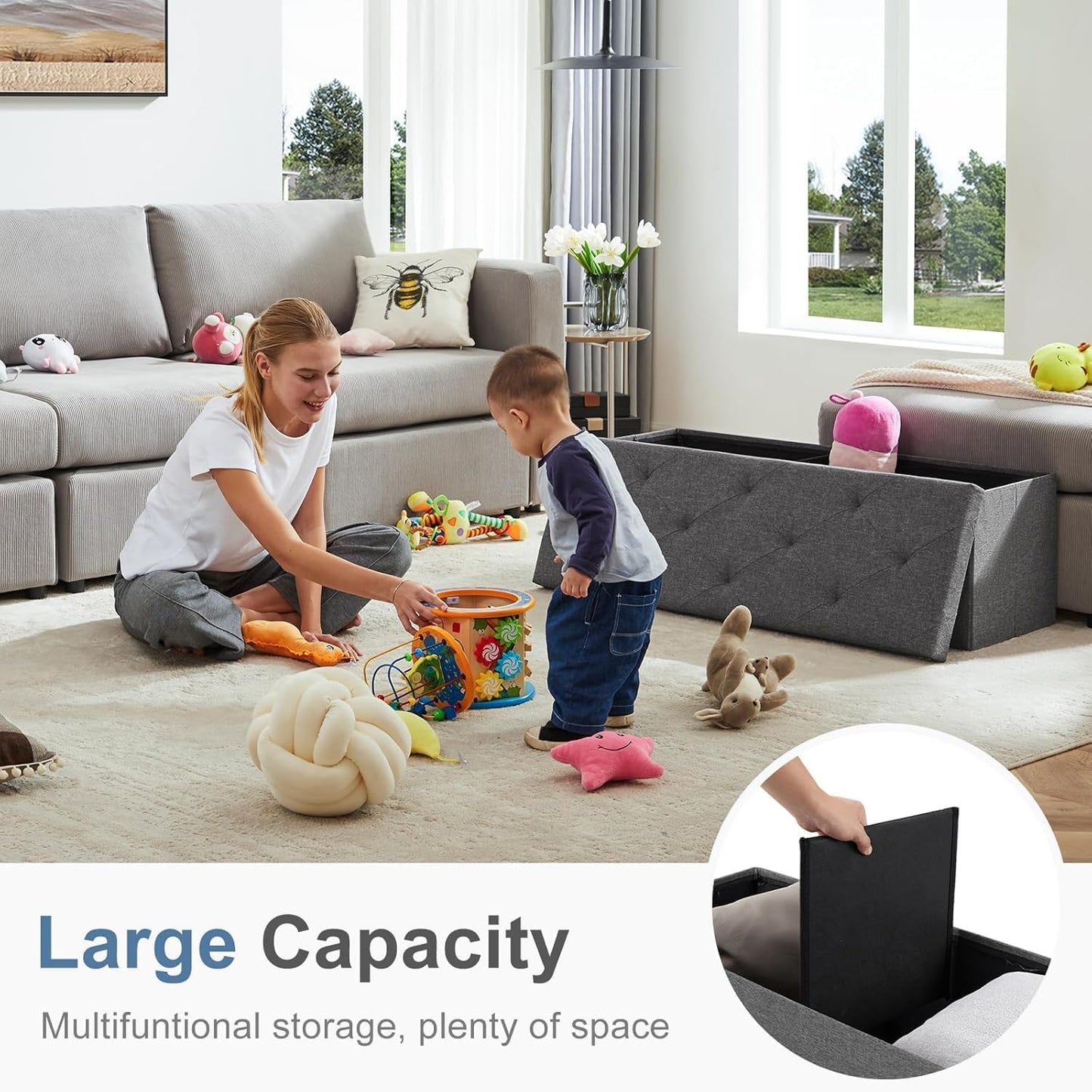 Sweetcrispy Foldable Storage Ottoman 43in, Storage Chest, Large Ottoman Bench Foot Rest Stool with Padded Seat for Entryway Living Room, Bedroom,Load 350lbs, Modern Grey