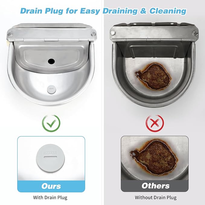 FHTONGE 304 Stainless Steel Automatic Dog Water Bowl Dispenser with Outfall | Float Valves Auto Fill, Wall-Mounted Dog Waterer for Outdoor Big Dog Livestock Poultry Horse Cow Goat Pig Chicken Duck Rabbit