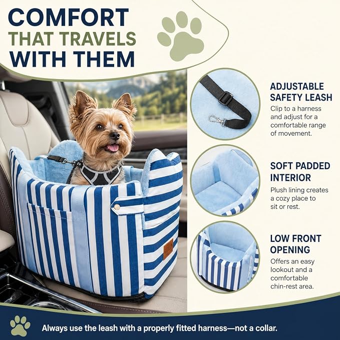Console Dog Car Seat for Small Dogs to 15lbs (Blue& White Stripes) | Center Console Puppy Booster and Portable Travel Bed, Anti-Collapse Design with Washable Fluffy Cushion