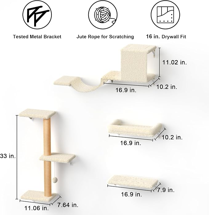 FUKUMARU Cat Wall Shelves, Stable & Safe 7 in 1 Cat Furniture Set, Wooden Climbing Wall with Scratching Post for 16 Inch Drywall - Beige