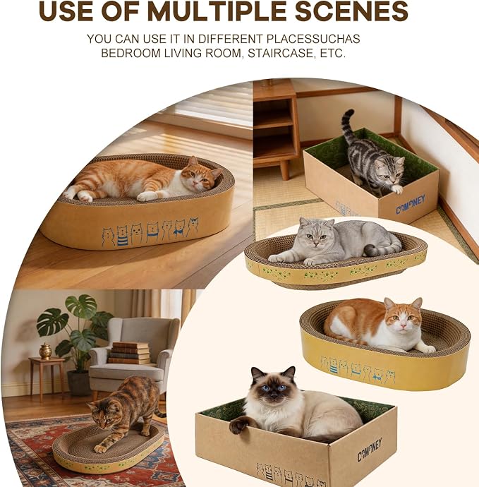 Comoney Cat Scratcher Bed 3 Pack, Oval Corrugated Cardboard Cat Scratch Pads for Indoor Cats with Grooming Brush, Round Cat Scratching Board Lounge Furniture Protector