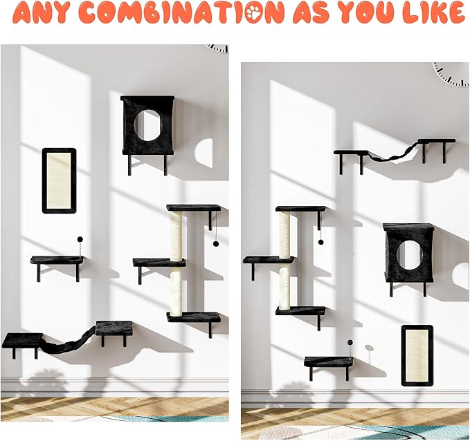 11-in-1 Cat Wall Shelves Cat Climbing Furniture with Wall Mounted Perch & Lounge for Indoor Cats, Space-Saving Cat Climbing Wall Systems, Black