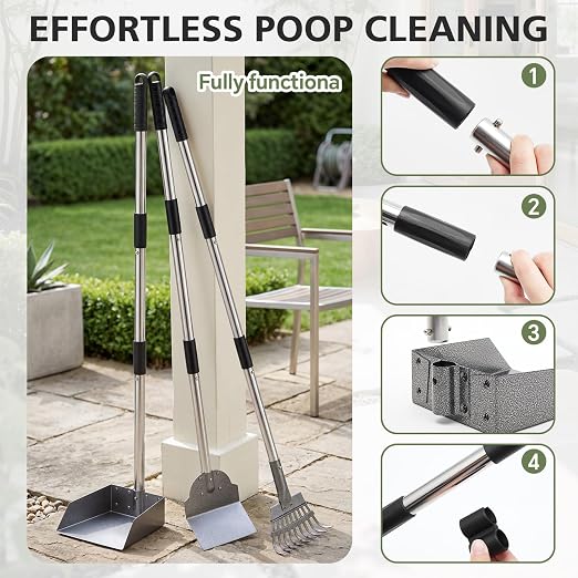 Lounsweer Dog Poop Trash Can Outside, 20L/5.3 Gallon Stainless Steel Dog Waste Can with Foot Pedal, Removable Inner Bucket, 3-Piece Pooper Scooper Set, 6 Activated Carbon Filters & 50 Waste Bags