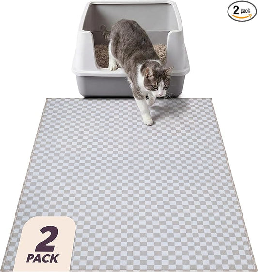 Lovewag Cat Litter Mat, Litter Box Mat, Taupe Checkers, 36x48, 2 Pack | Washable litter mat cover, kitty litter mat & cat mat for litter box, litter trapping mat, prevents tracking, multi-cat