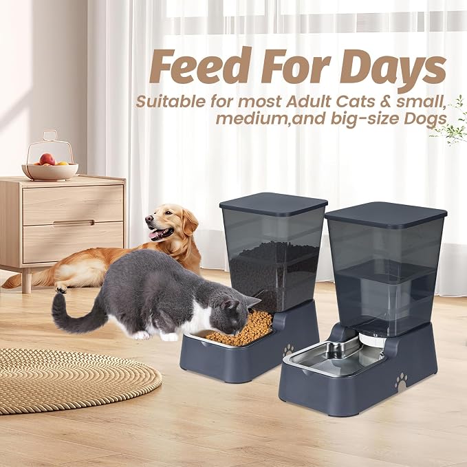 Automatic 5.4L/1.4Gal Pet Waterer, Automatic Dog Water Dispenser Gravity Stainless Steel Water Feeder, Large Capacity Feeding Bowls for Cats and Medium & Large-Sized Dogs (Black, Food+Water)
