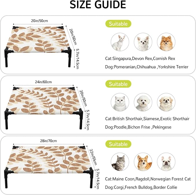 Outdoor Elevated Dog Bed for Medium Dogs, Brown Leaves Breathable Cooling Raised Dog Cot for Indoor/Outdoor, Summer Farmhouse Botanical Leaf Branch Waterproof Elevated Pet Beds, M 24 x 20 in