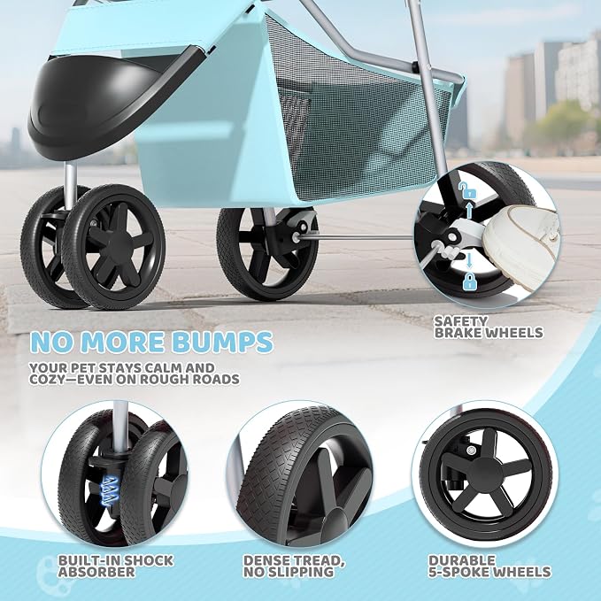Magshion 3-Wheel Pet Stroller, Foldable Travel Jogger for Small & Medium Dogs & Cats (Up to 33lbs), Lightweight Carrier with Breathable Mesh Cover, Cup Holder & Storage Basket, Mint Green