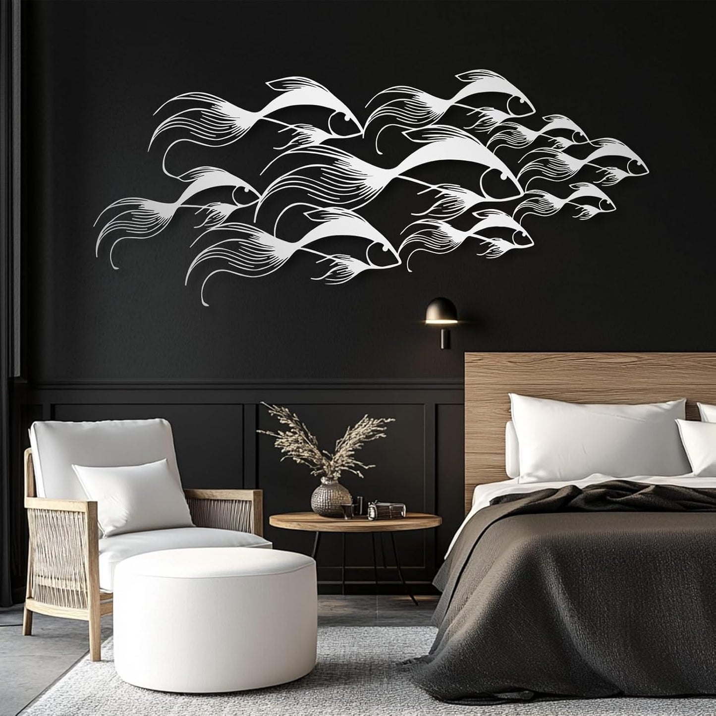 School of Fish Metal Wall Art, Metal Fish Wall Decor, Sea Life Wall Art, Large Nautical Wall Hanging, Modern Beach House Wall Decor, Ocean Themed Artwork for Bathroom (Black, 59"x25" | 150x64cm)