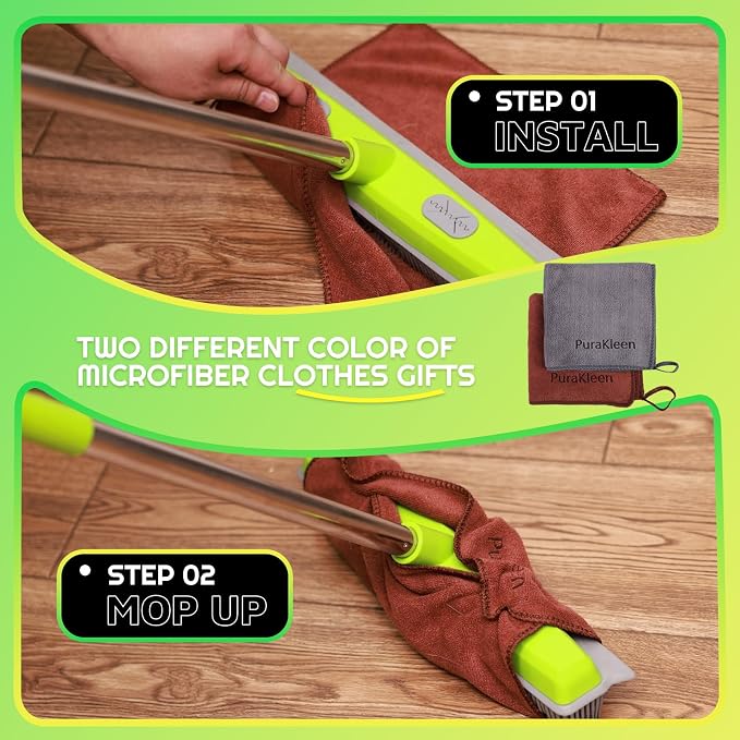 Rubber Broom for Pet Hair —Gets What Your Vacuum Misses,Non-Scratch Carpet Rake 24 "-61 "Adjustable Handle,4-in-1 (Squeegee+Pet Brush+2 Microfiber Cloth),Stairs,Corners, Rugs,Hardwood Green