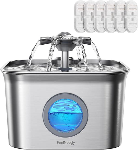 Stainless Steel Cat Water Fountain, 2.8L with 20dB Ultra-Quiet Pump- Ideal for Timid Pets, LED Water Level Window, Dishwasher Safe, 24/7 Circulation- Includes 6 Replacement Filters