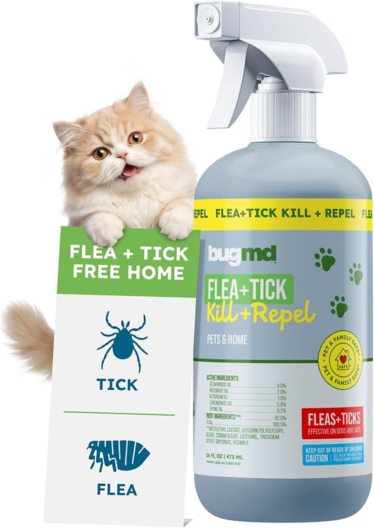 BugMD Pet Safe Flea Spray for Cats & Home | Natural Indoor Flea Killer & Tick Prevention | Plant-Based Flea Treatment for Carpet, Furniture & Cat Trees with Essential Oils