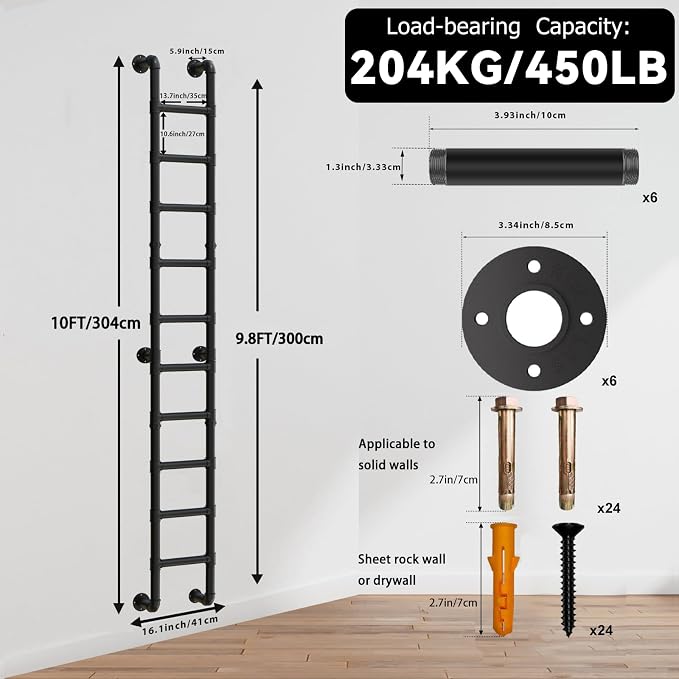 10 Rung Wall Mounted Ladder Heavy Duty 450lbs Capacity, 10FT Steel Pipe Fire Escape Ladder for Egress Window & Basement, Industrial Wall/Floor-Mounted Loft