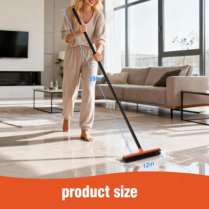 CLEANHOME Rubber Broom for Pet Hair on Carpet & Hardwood | With squeegee, removes pet hair from carpets & stairs, rubber bristles, works on hardwood & tile, adjustable handle