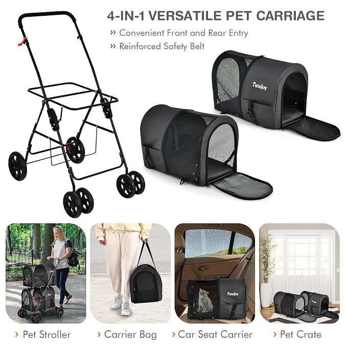 PETSITE Double Dog Stroller, Foldable Pet Stroller for 2 Dogs & Cats Small Medium Sized with Detachable Carrier on Wheels for Car Seat Walking Camping Travel (Black)