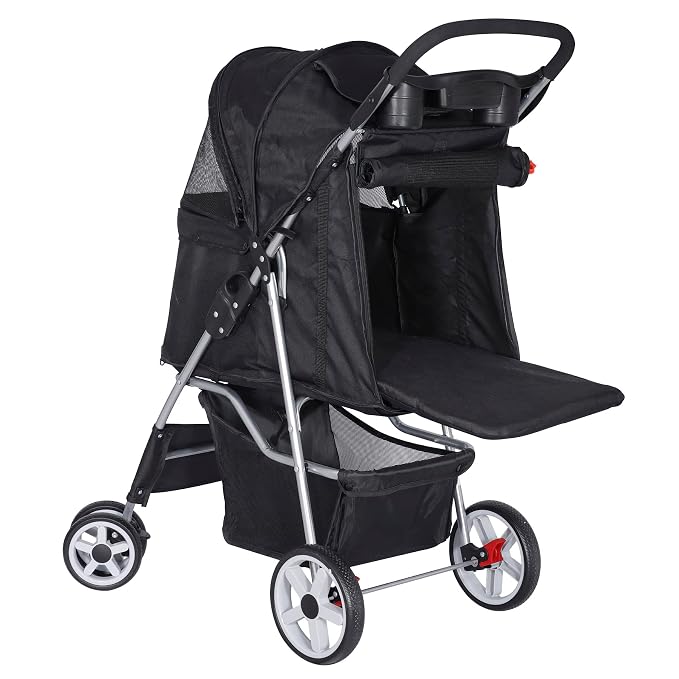 Pet Stroller for Dogs, Black 4 Wheels Cat Strolling Cart Foldable Travel Carrier, Waterproof Puppy Jogger Stroller with Storage Basket & Cup Holder