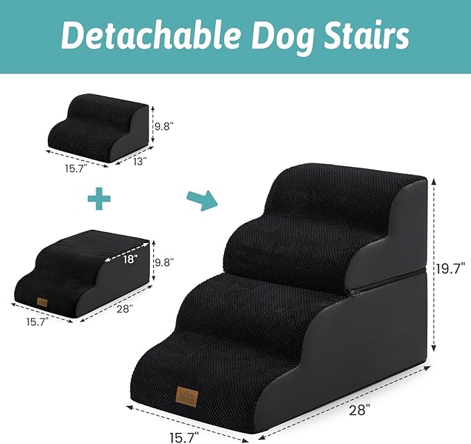 Detachable Curved Dog Stairs 19.7" H, 4 Step Small Dog Step for Puppy or Older Cat, Ramp for Bed, Sofa, Couch or Chair, Ladder with High Density Foam, 15.7x28.3x19.7 inch, Black