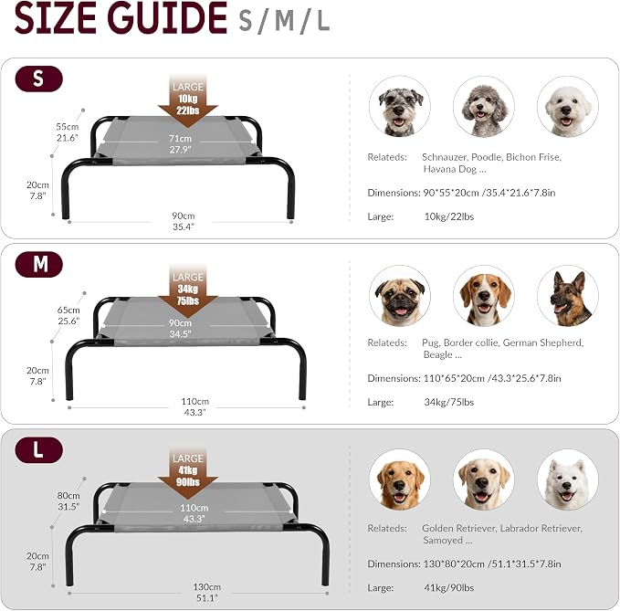 OUTSIDER Elevated Large Dog Bed, Breathable Mesh Cooling Cot with Airflow Support, 51" x 31.5" x 7.8" Grey, Durable Easy-Clean Frame for Heavy Pets