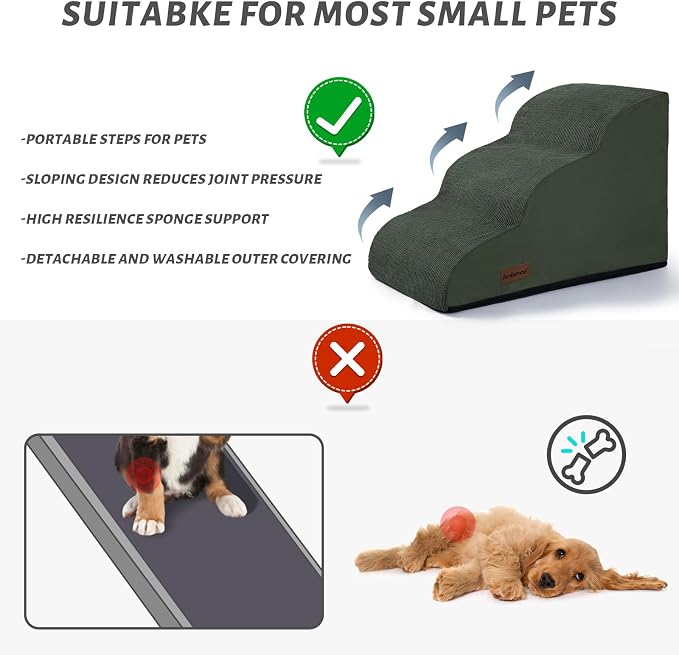 Aodisman Dog Stairs for Small Dogs and Cats,3-Step Pet Ramp for Couch,Chair | 15.7" H Non-Slip Sturdy Dog Steps with Curved Ramp for Senior,Short-Legged Dogs,Puppy and Cats to Reach Sofa or Chair,Green