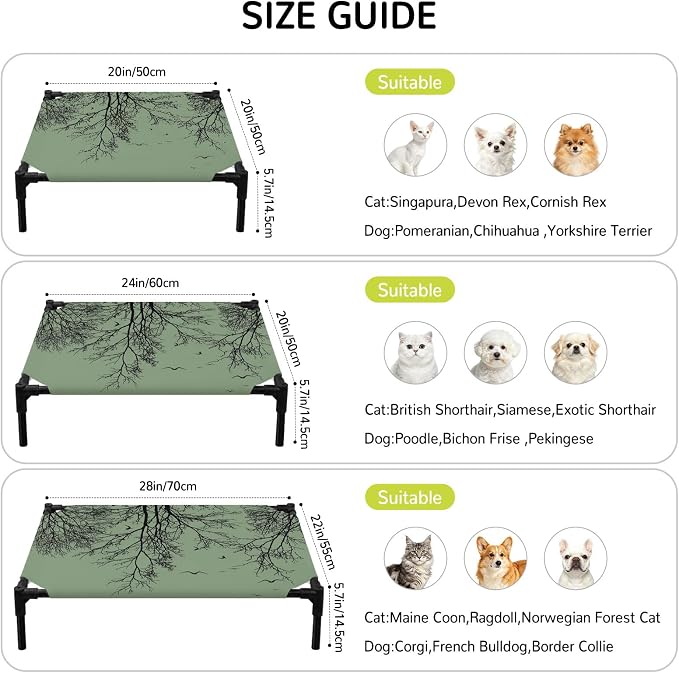 Outdoor Elevated Dog Bed for Small Dogs, Green Black Branches Breathable Cooling Raised Dog Cot for Indoor/Outdoor, Botanical Dead Tree Birds Waterproof Elevated Pet Beds, S 20 x 20 in