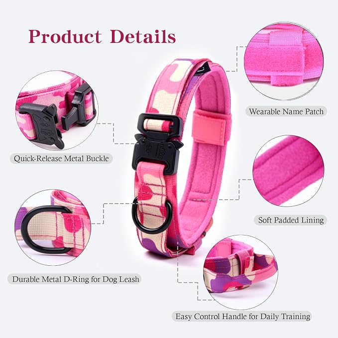 Tactical Dog Collar and Leash Set for Large Dogs with Handle,Pink Camo,L | 1000D Heavy-Duty Nylon Fabric,Quick-Release Metal Buckle,Adjustable Fit,Soft-Padded Webbing,D-Ring,for Training & Hiking