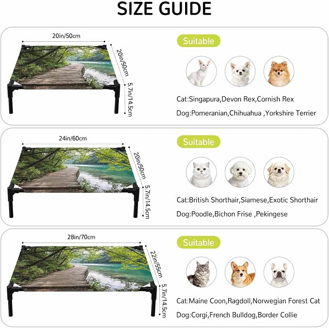 Outdoor Elevated Dog Bed for Large Dogs, Nature Scenery Breathable Cooling Raised Dog Cot for Indoor/Outdoor, Forest Walkway Lake Trees Spring View Waterproof Elevated Pet Beds, L 28 x 22 in