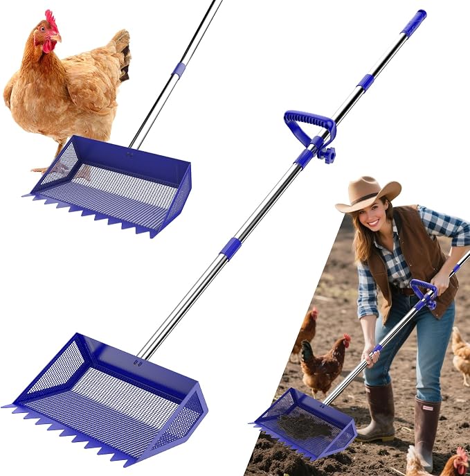 Chicken Poop Scooper Rake 2-in-1,304 Stainless Steel Shovel Head, Chicken Litter Scoop with Handle for Chicken Coop for Sand, Pet Waste Cleaning, Litter Sifting Shovel (35 to 65") (Blue, 10inch) | Chicken Poop Scooper