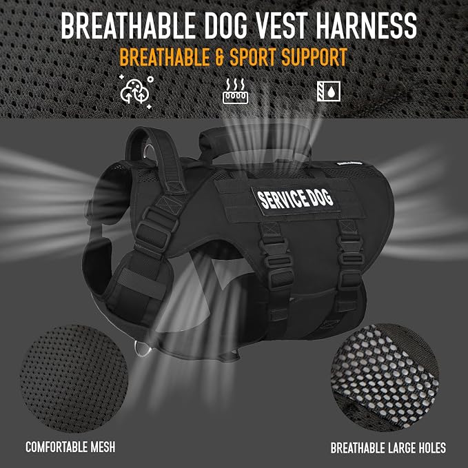 Service Dog Vest for Large Dogs, Black Tactical Harness with Military MOLLE, Breathable Mesh & 39g Metal Buckle - Size XL for Training & Hiking