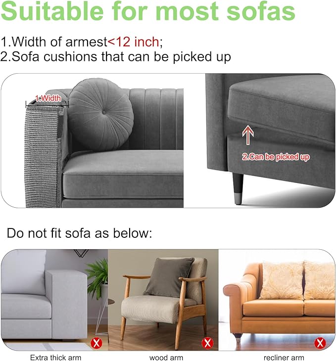 Cat Scratch Couch Protector,23.6" L*19.7" W Scratching Furniture Protector Pad,Cat Scratch Sofa Arm Sheild with Grey Natural Sisal for Protecting Couch Sofa Chair Furniture (Grey/Right Hand)
