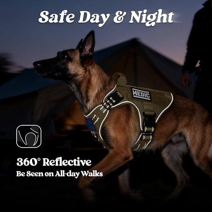 rabbitgoo Tactical Dog Harness for Large, Heavy Duty Military No Pull Vest | Sturdy Metal Buckles, 5 Adjustments, Molle System, Powerful Pullers for Training, Hunting, Outdoor, Brown Reflex, Large