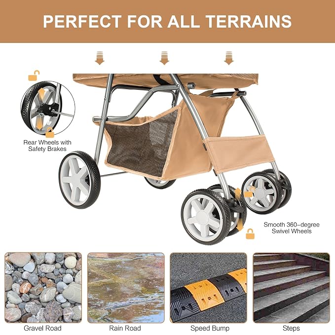 Pet Stroller for Small Dogs and CatsQuick-Folding Portable Travel Cat Dog Stroller with Storage Basket and Cup Holder, 4 Wheels, Beige