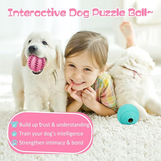 HIPPIH Dog Puzzle Toy 2 Pack, Interactive Dog Toys for Treat Dispensing, Durable Puppy Toys for Teething, Dog Treat Ball for Teeth/Slow Feeder/IQ Training/Playing, Pink-2.75‘’, Green-3.14‘’