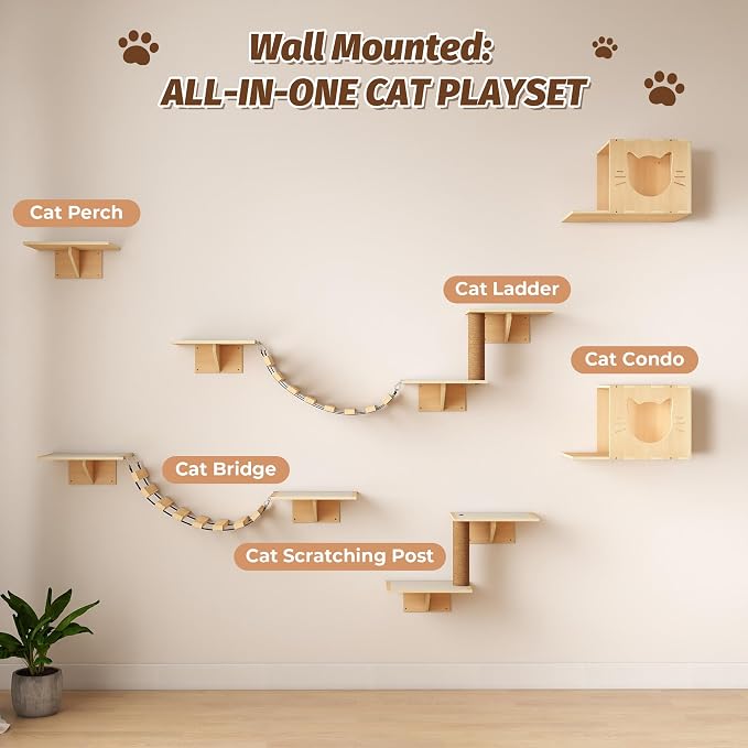 NYEEKOY Cat Wall Shelves, Wood 8-in-1 Cat Wall Furniture Set, Large Cat Shelves for Wall with Scratching Post, Cat Climbing Wall Activity Center for Climb, Play, Rest, and Scratch, Natural Wood