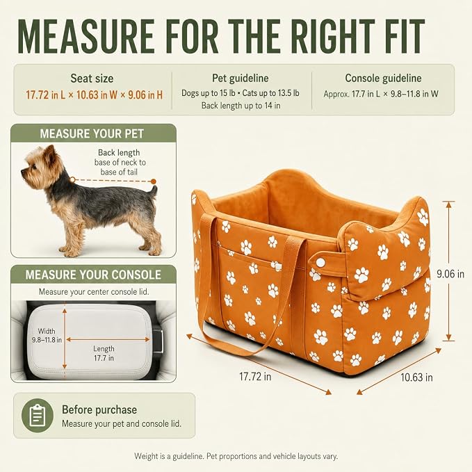 Center Console Dog Car Seat Safe Travel for Small Dogs Under 15 lbs Detachable Washable Pet Carrier with Storage Pockets & Safety Leash (Orange)