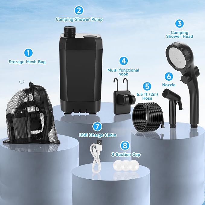 vignuto Portable Shower for Camping, Rechargeable Camping Shower Pump with LED Display of Battery Level and Temperature