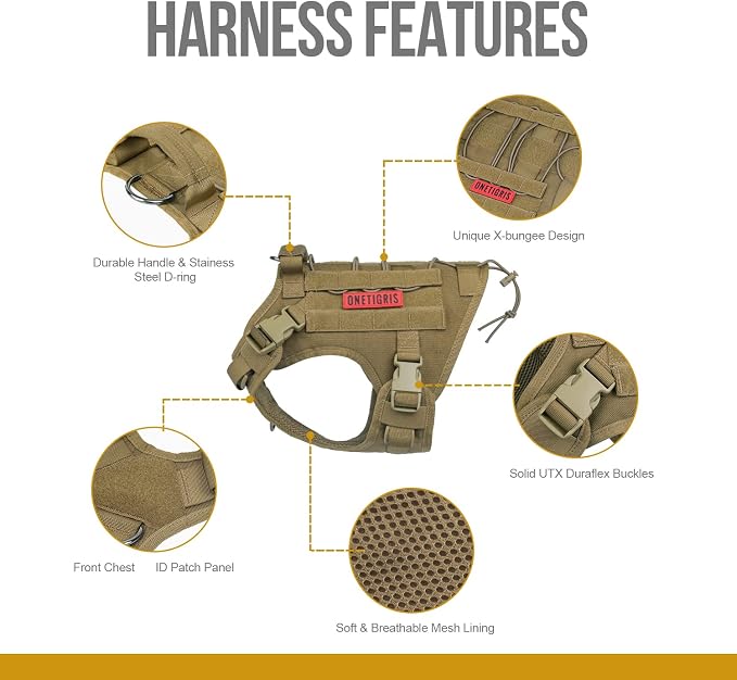 OneTigris Tactical Dog Harness with Handle No-Pull Adjustable for Large Dog | Military 1000D Pullable Nylon, Service Dog Vest with Hook & Loop Panels, Easy On & Off for Walking Hiking Training Brown XL