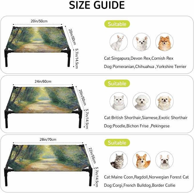 Outdoor Elevated Dog Bed for Medium Dogs, Country Forest Breathable Cooling Raised Dog Cot for Indoor/Outdoor, Farmhouse Trees Plants Nature Scenery Waterproof Elevated Pet Beds, M 24 x 20 in
