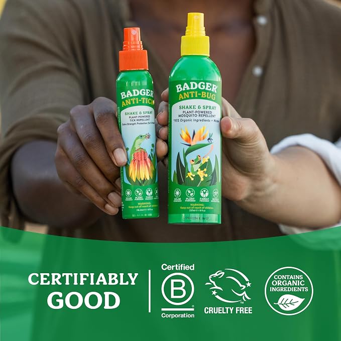 Badger Bug Spray, 3-Hour DEET-Free Mosquito Repellent, Family Friendly, Citronella & Organic Essential Oils, Natural & Vegan Insect Repellent Spray, 8 fl oz Family Size Aluminum Bottle, 2-Pack