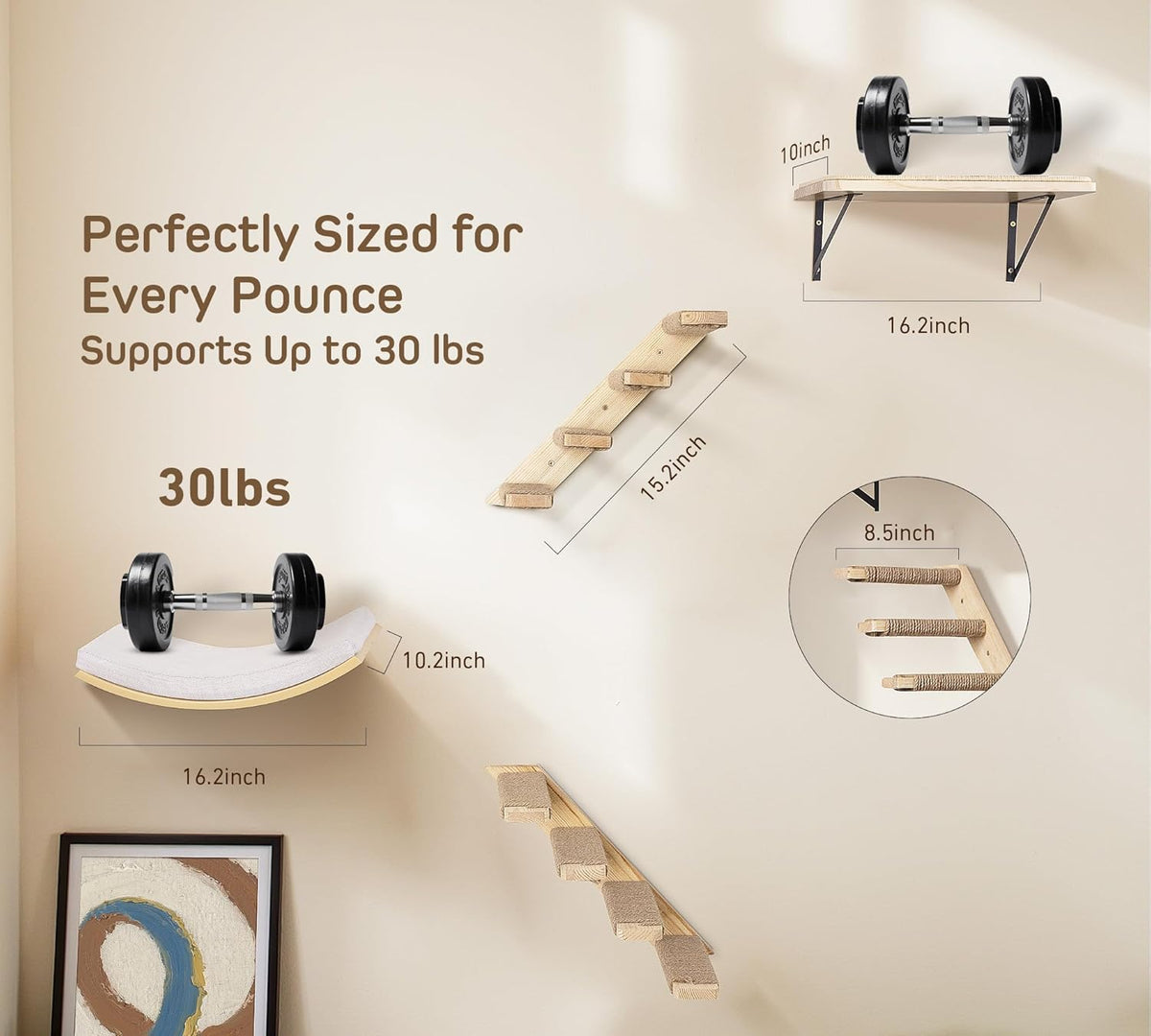 Wood Cat Wall Shelf with Soft Foam Cushion, Curved Cats Wall Bed for Large Cats, Floating Cat Perch for Sleeping & Climbing