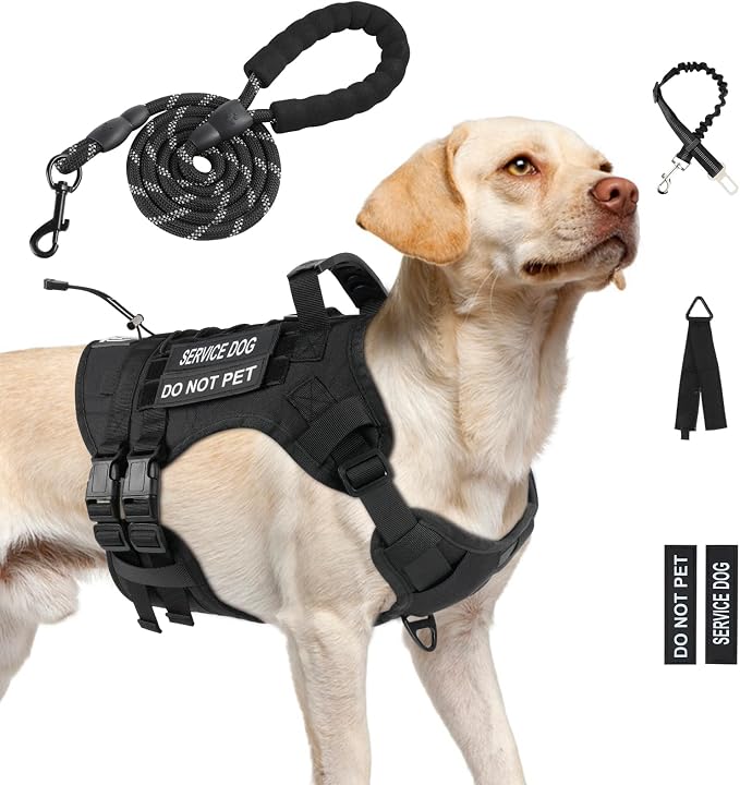 No Pull Tactical Dog Harness for Large Dogs, Service Dog Vest, L, Black | Tactical Dog Vest Harness and Leash Set, Adjustable Military Service Dog Harness with Handle for Medium Large Dogs
