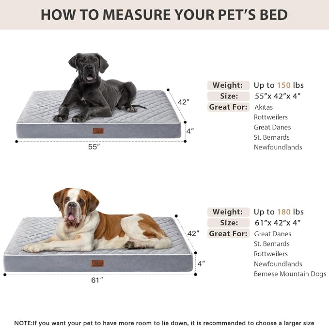 WNPETHOME Orthopedic XXL Dog Beds for Large Senior Dog Bed Comfy Sleeping | XXL Washable Waterproof Dogs Bed with Removable Cover, Multi-Needle Quilting Dogs Crate Bed for Relax , Light Grey 55x42 Inch