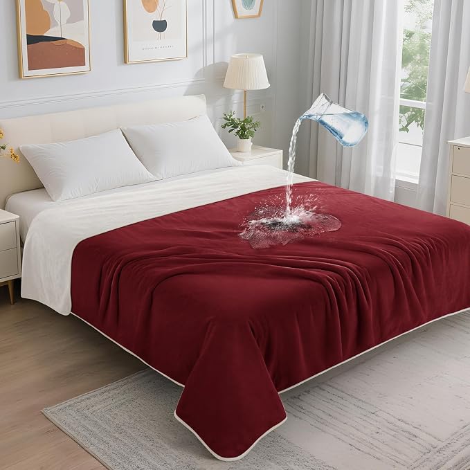 LOOBANI Waterproof Blanket for Bed, Soft Flannel Twin Bed Blanket 60" x 80" | Dog Pet Blankets for Large Dogs, Reversible Spill-Proof Throw for Couch Cover, Movie Time, Camping, Travel, Noise Free, Red