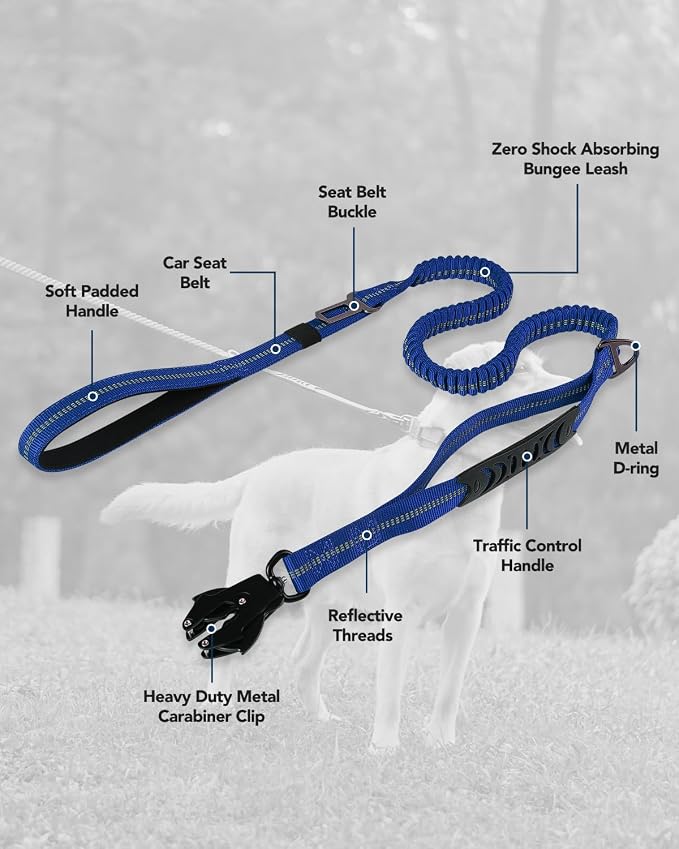Joytale Tactical Bungee Dog Leash, Shock Absorbing No Pull, Navy Blue | For Large Dogs That Pull, 2 Padded Handles for Control, Car Seatbelt Clip, Reflective for Night Safety, Metal Frog Clip
