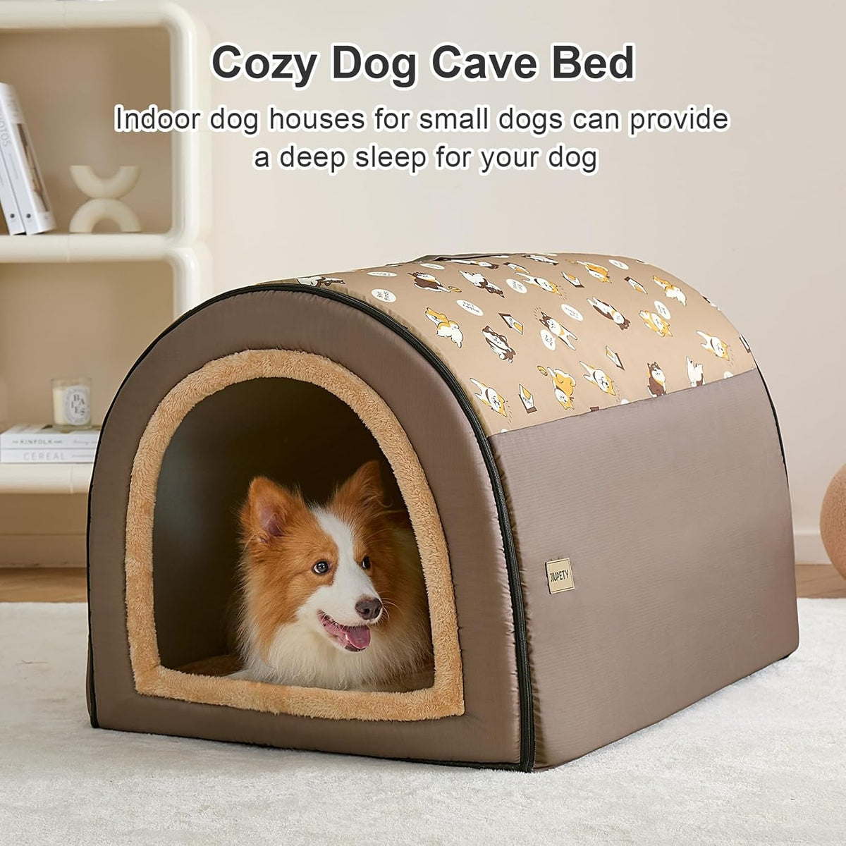 Jiupety 2 in 1 Dog House Indoor, Comfy Cave Bed Covered Dog Bed, Portable House for Medium and Large Dogs, 2XL(35"×27"×26"), Up to 70 Lb, Brown