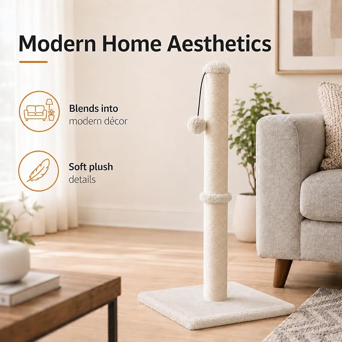 Dimaka 34" Height Tall Cat Scratching Post, Claw Scratcher with Sisal Rope and Covered with Soft Smooth Plush, Vertical Scratch [Full Strectch] Cats (Beige, 34 inches for Large Cats)