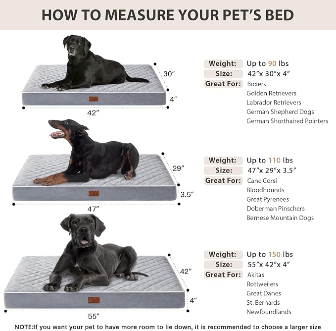 WNPETHOME Orthopedic Waterproof Extra Large Senior Dogs Bed for Comfy Sleep | XL Washable Ped Bed with Removable Cover, Multi-Needle Quilting XL Crate Bed for Large Sized Dog Relax, Light Grey 42x30 Inch